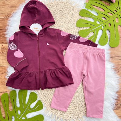 Conj. Jaqueta com Corações nas Mangas e Calça Legging - Uva e Rose